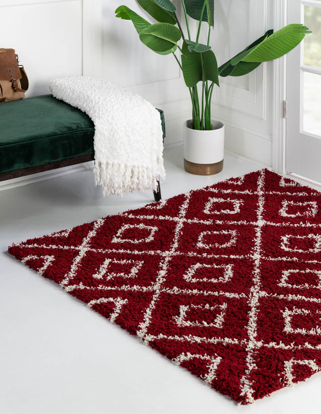 Burgundy Red 3' 3 x 3' 3 Trellis Shag Square Area Rug Thick Soft Touch Fluffy & Plush Shaggy Pile Geometric Modern Unique Carpet for Home Interior Design for Sale at Rug Engine