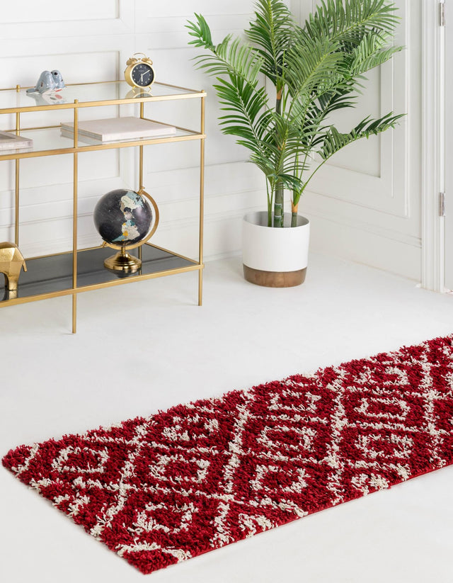 Burgundy Red 2' x 8' Trellis Shag Runner Area Rug Thick Soft Touch Fluffy & Plush Shaggy Pile Geometric Modern Unique Carpet for Home Interior Design for Sale at Rug Engine