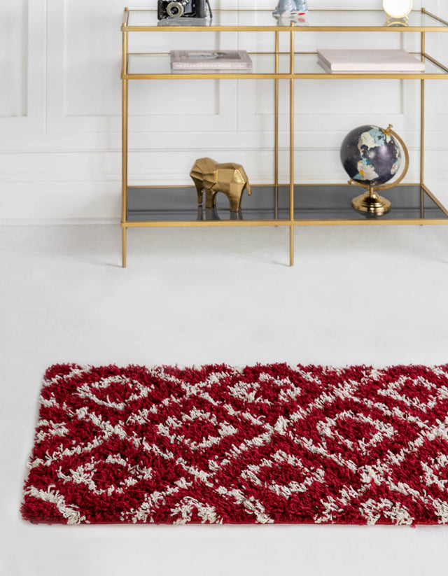 Burgundy Red 2' x 6' Trellis Shag Runner Area Rug Thick Soft Touch Fluffy & Plush Shaggy Pile Geometric Modern Unique Carpet for Home Interior Design for Sale at Rug Engine