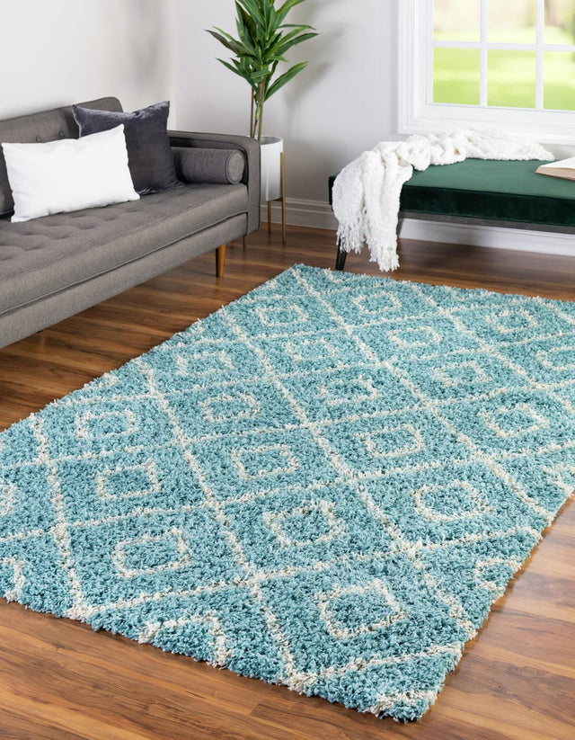 Aqua 9' x 12' Trellis Shag Rectangle Area Rug Thick Soft Touch Fluffy & Plush Shaggy Pile Geometric Modern Unique Carpet for Home Interior Design for Sale at Rug Engine