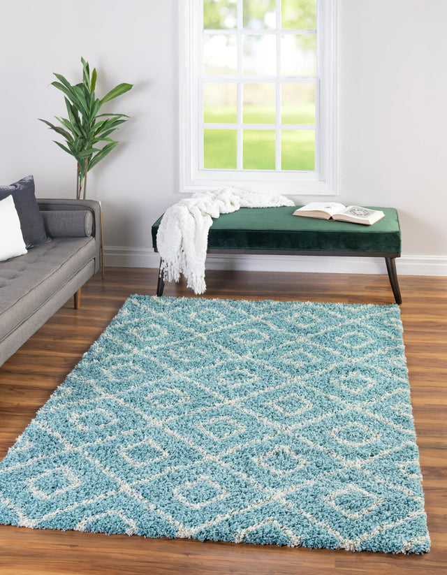 Aqua 2' x 3' Trellis Shag Rectangle Area Rug Thick Soft Touch Fluffy & Plush Shaggy Pile Geometric Modern Unique Carpet for Home Interior Design for Sale at Rug Engine