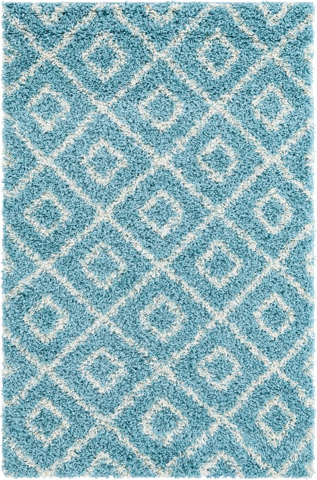 Aqua 4' x 6' Trellis Shag Rectangle Area Rug Thick Soft Touch Fluffy & Plush Shaggy Pile Geometric Modern Unique Carpet for Home Interior Design for Sale at Rug Engine