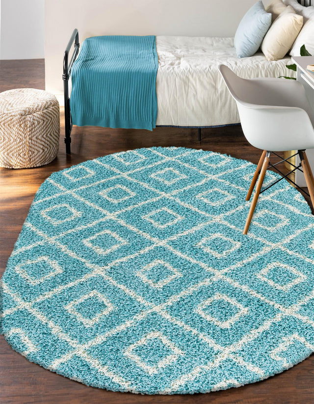 Aqua 4' x 6' Trellis Shag Oval Area Rug Thick Soft Touch Fluffy & Plush Shaggy Pile Geometric Modern Unique Carpet for Home Interior Design for Sale at Rug Engine