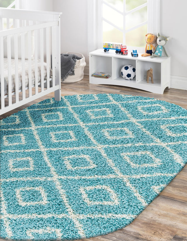 Aqua 4' x 6' Trellis Shag Oval Area Rug Thick Soft Touch Fluffy & Plush Shaggy Pile Geometric Modern Unique Carpet for Home Interior Design for Sale at Rug Engine