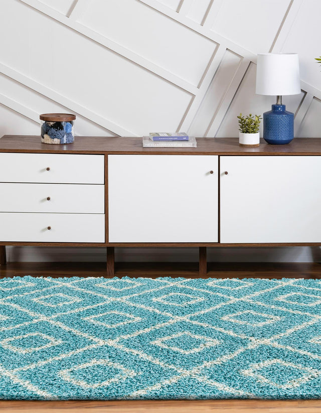 Aqua 4' x 6' Trellis Shag Oval Area Rug Thick Soft Touch Fluffy & Plush Shaggy Pile Geometric Modern Unique Carpet for Home Interior Design for Sale at Rug Engine