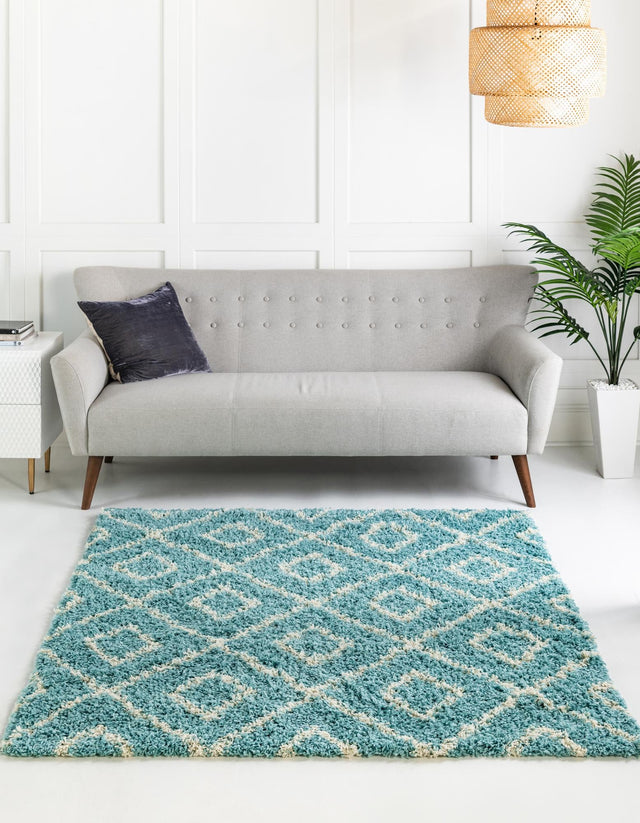 Aqua 10' x 10' Trellis Shag Square Area Rug Thick Soft Touch Fluffy & Plush Shaggy Pile Geometric Modern Unique Carpet for Home Interior Design for Sale at Rug Engine
