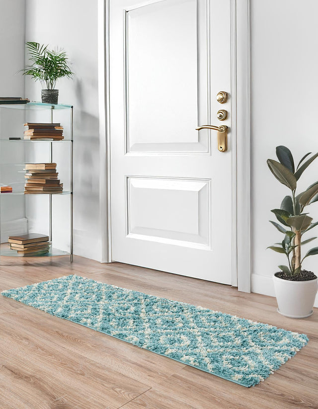 Aqua 2' 7 x 10' Trellis Shag Runner Area Rug Thick Soft Touch Fluffy & Plush Shaggy Pile Geometric Modern Unique Carpet for Home Interior Design for Sale at Rug Engine