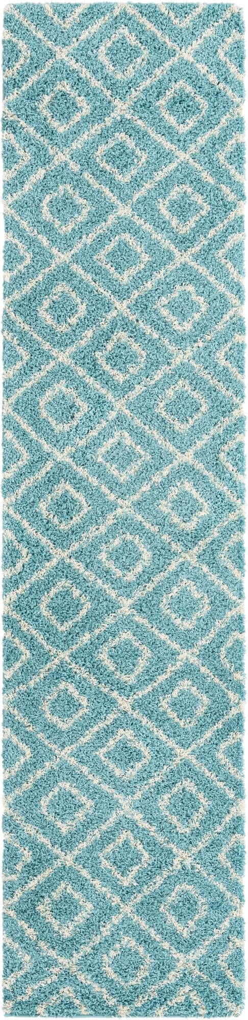 Aqua 2' 7 x 12' Trellis Shag Runner Area Rug Thick Soft Touch Fluffy & Plush Shaggy Pile Geometric Modern Unique Carpet for Home Interior Design for Sale at Rug Engine