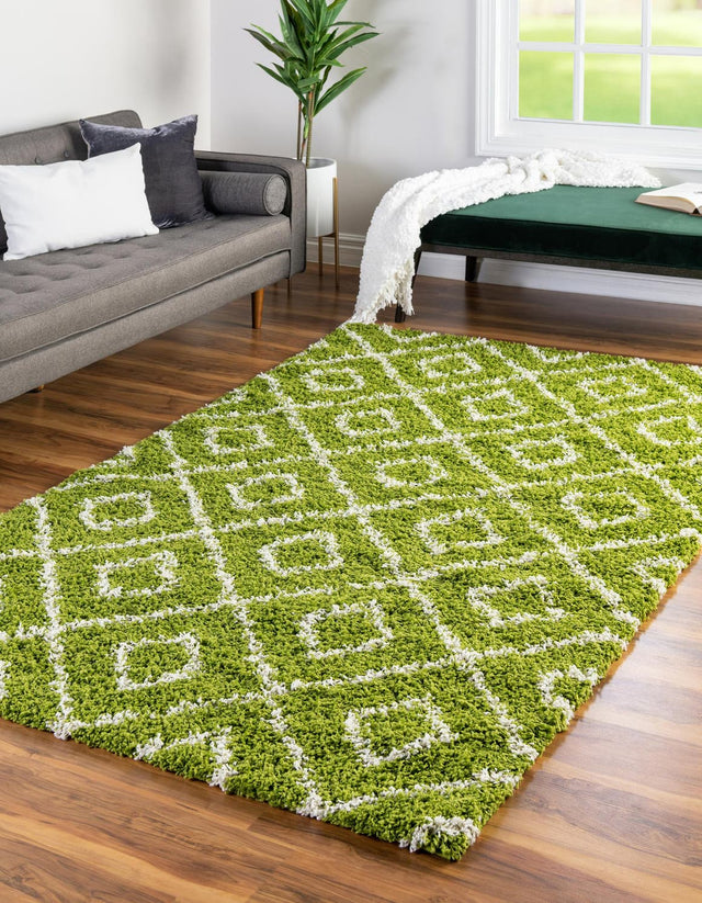 Green 6' x 9' Trellis Shag Rectangle Area Rug Thick Soft Touch Fluffy & Plush Shaggy Pile Geometric Modern Unique Carpet for Home Interior Design for Sale at Rug Engine