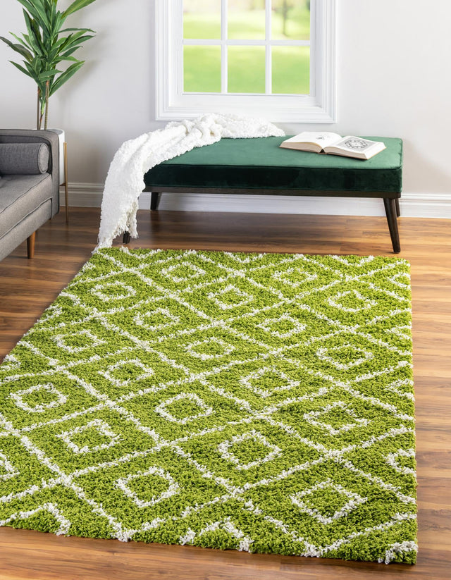 Green 6' x 9' Trellis Shag Rectangle Area Rug Thick Soft Touch Fluffy & Plush Shaggy Pile Geometric Modern Unique Carpet for Home Interior Design for Sale at Rug Engine