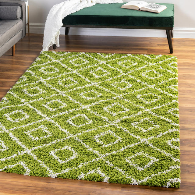 Green 10' x 13' Trellis Shag Rectangle Area Rug Thick Soft Touch Fluffy & Plush Shaggy Pile Geometric Modern Unique Carpet for Home Interior Design for Sale at Rug Engine