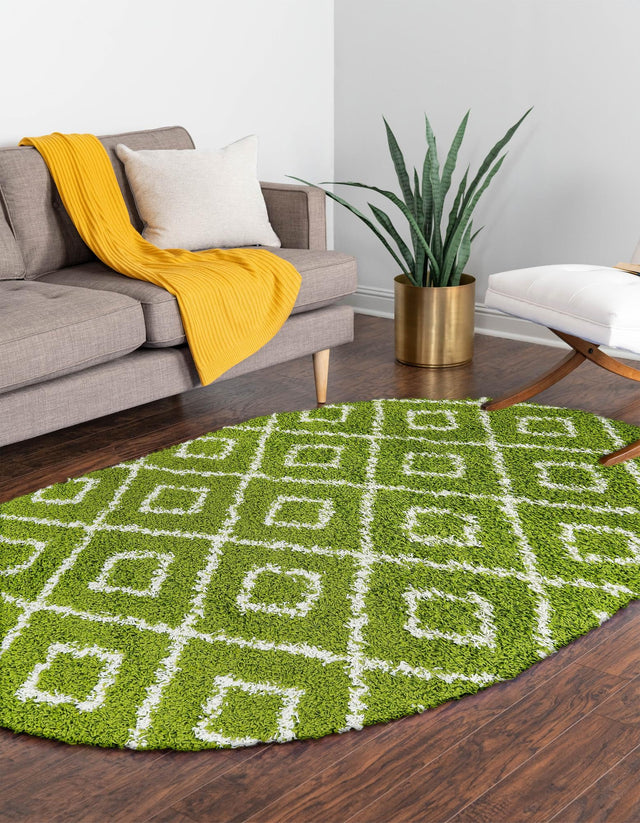Green 5' 3 x 8' Trellis Shag Oval Area Rug Thick Soft Touch Fluffy & Plush Shaggy Pile Geometric Modern Unique Carpet for Home Interior Design for Sale at Rug Engine