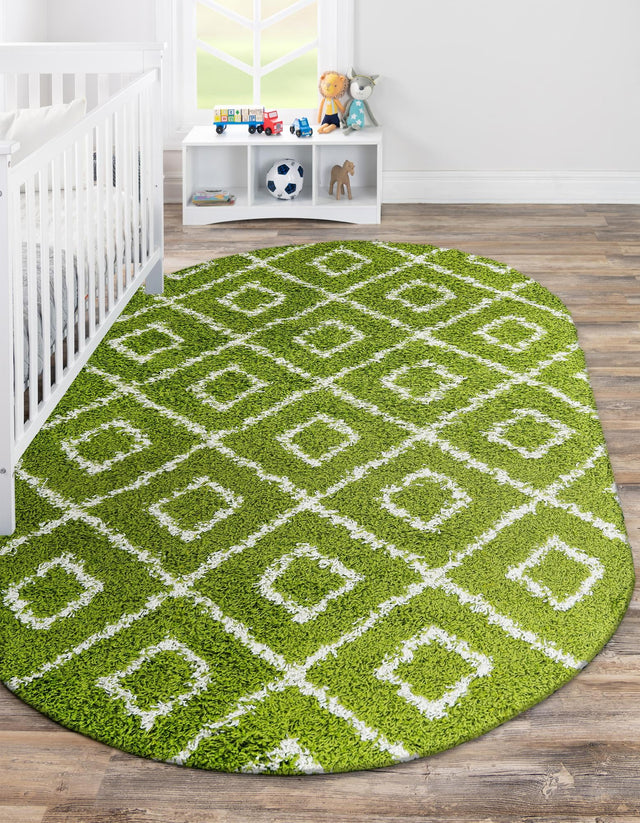 Green 5' 3 x 8' Trellis Shag Oval Area Rug Thick Soft Touch Fluffy & Plush Shaggy Pile Geometric Modern Unique Carpet for Home Interior Design for Sale at Rug Engine