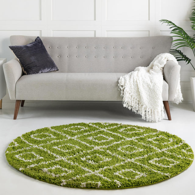 Green 10' x 10' Trellis Shag Round Area Rug Thick Soft Touch Fluffy & Plush Shaggy Pile Geometric Modern Unique Carpet for Home Interior Design for Sale at Rug Engine