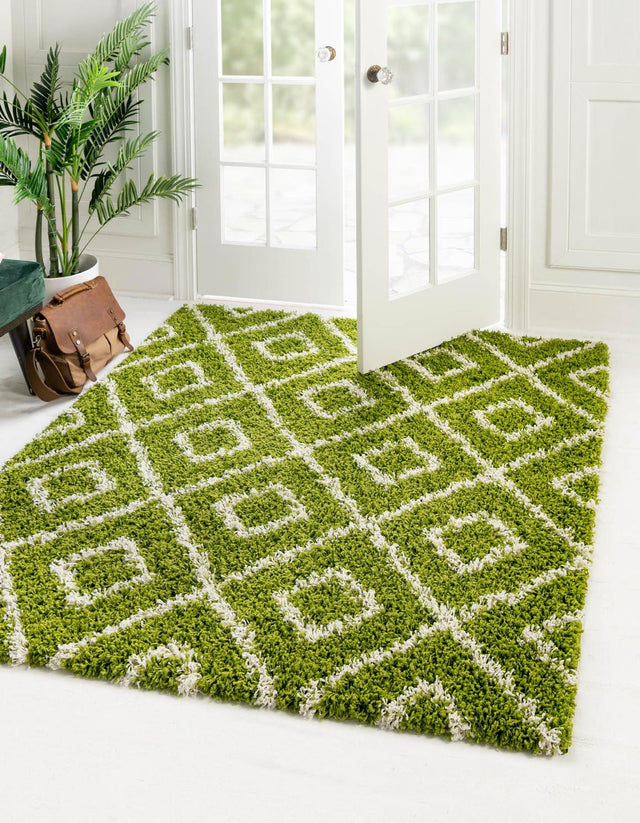 Green 5' 3 x 5' 3 Trellis Shag Square Area Rug Thick Soft Touch Fluffy & Plush Shaggy Pile Geometric Modern Unique Carpet for Home Interior Design for Sale at Rug Engine