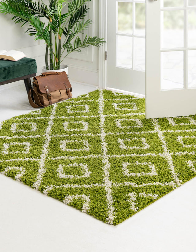 Green 5' 3 x 5' 3 Trellis Shag Square Area Rug Thick Soft Touch Fluffy & Plush Shaggy Pile Geometric Modern Unique Carpet for Home Interior Design for Sale at Rug Engine