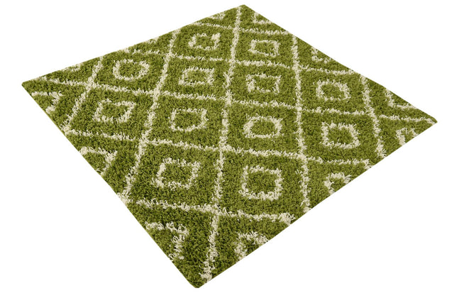 Green 4' x 4' Trellis Shag Square Area Rug Thick Soft Touch Fluffy & Plush Shaggy Pile Geometric Modern Unique Carpet for Home Interior Design for Sale at Rug Engine