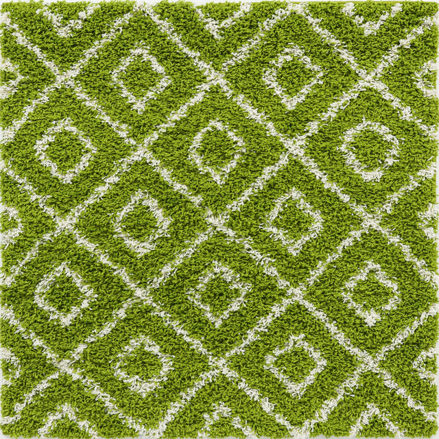 Green 4' x 4' Trellis Shag Square Area Rug Thick Soft Touch Fluffy & Plush Shaggy Pile Geometric Modern Unique Carpet for Home Interior Design for Sale at Rug Engine