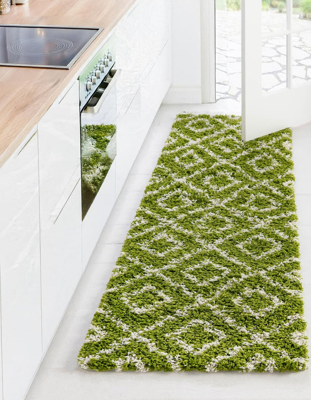 Green 2' x 6' Trellis Shag Runner Area Rug Thick Soft Touch Fluffy & Plush Shaggy Pile Geometric Modern Unique Carpet for Home Interior Design for Sale at Rug Engine