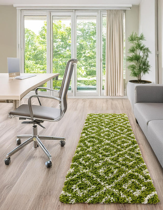 Green 2' x 6' Trellis Shag Runner Area Rug Thick Soft Touch Fluffy & Plush Shaggy Pile Geometric Modern Unique Carpet for Home Interior Design for Sale at Rug Engine