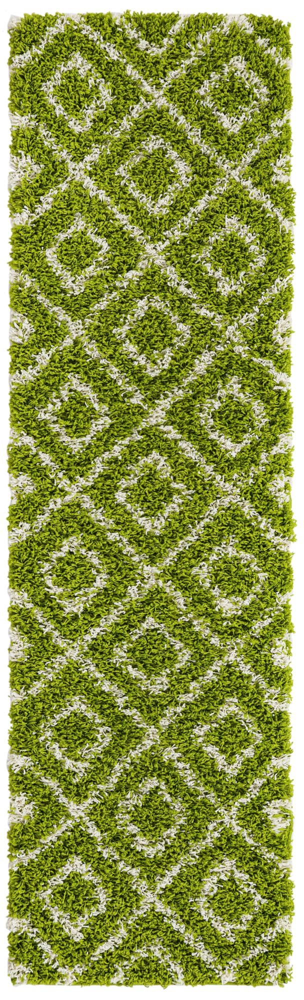 Green 2' x 7' Trellis Shag Runner Area Rug Thick Soft Touch Fluffy & Plush Shaggy Pile Geometric Modern Unique Carpet for Home Interior Design for Sale at Rug Engine
