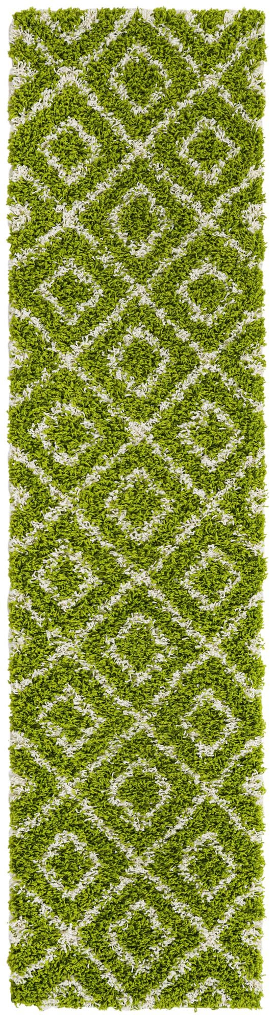 Green 2' x 8' Trellis Shag Runner Area Rug Thick Soft Touch Fluffy & Plush Shaggy Pile Geometric Modern Unique Carpet for Home Interior Design for Sale at Rug Engine