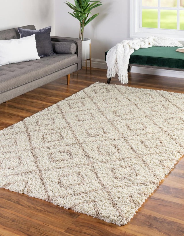 Beige 5' 3 x 8' Trellis Shag Rectangle Area Rug Thick Soft Touch Fluffy & Plush Shaggy Pile Geometric Modern Unique Carpet for Home Interior Design for Sale at Rug Engine