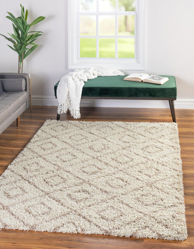 Beige 5' 3 x 8' Trellis Shag Rectangle Area Rug Thick Soft Touch Fluffy & Plush Shaggy Pile Geometric Modern Unique Carpet for Home Interior Design for Sale at Rug Engine