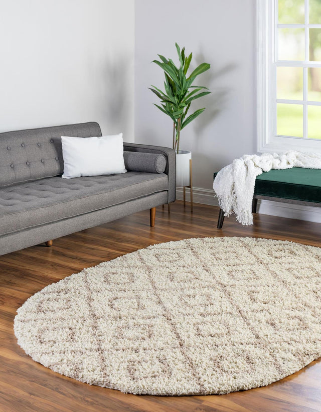 Beige 7' 10 x 10' Trellis Shag Oval Area Rug Thick Soft Touch Fluffy & Plush Shaggy Pile Geometric Modern Unique Carpet for Home Interior Design for Sale at Rug Engine