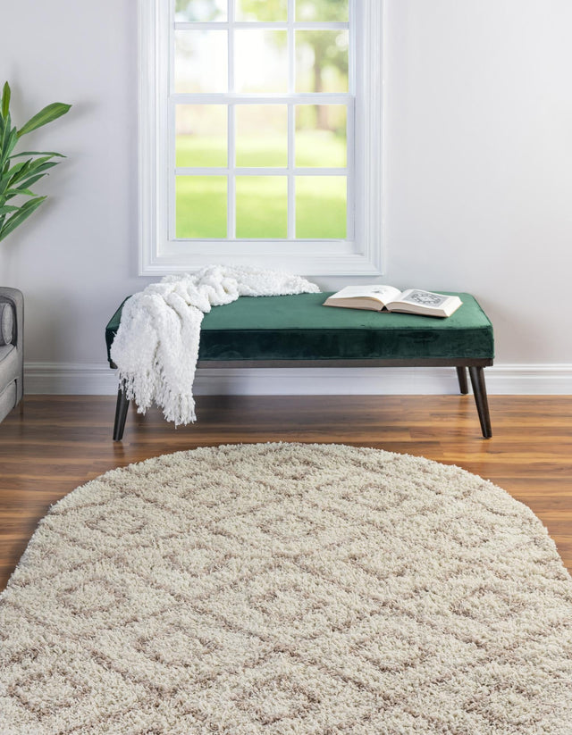 Beige 7' 10 x 10' Trellis Shag Oval Area Rug Thick Soft Touch Fluffy & Plush Shaggy Pile Geometric Modern Unique Carpet for Home Interior Design for Sale at Rug Engine