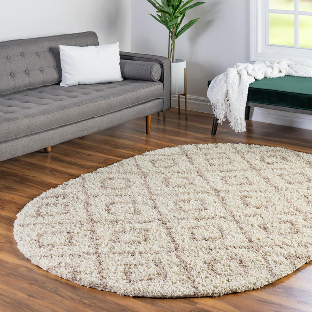Beige 4' x 6' Trellis Shag Oval Area Rug Thick Soft Touch Fluffy & Plush Shaggy Pile Geometric Modern Unique Carpet for Home Interior Design for Sale at Rug Engine