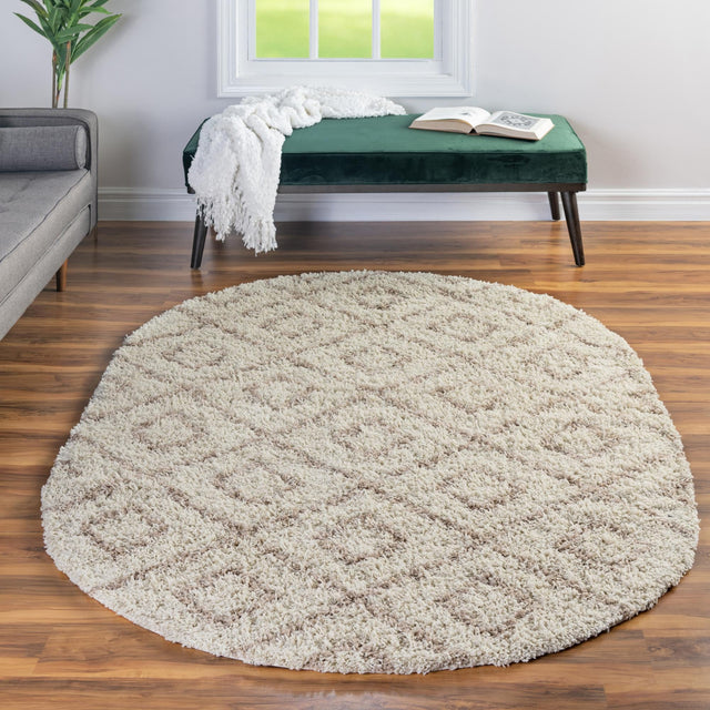 Beige 7' 10 x 10' Trellis Shag Oval Area Rug Thick Soft Touch Fluffy & Plush Shaggy Pile Geometric Modern Unique Carpet for Home Interior Design for Sale at Rug Engine