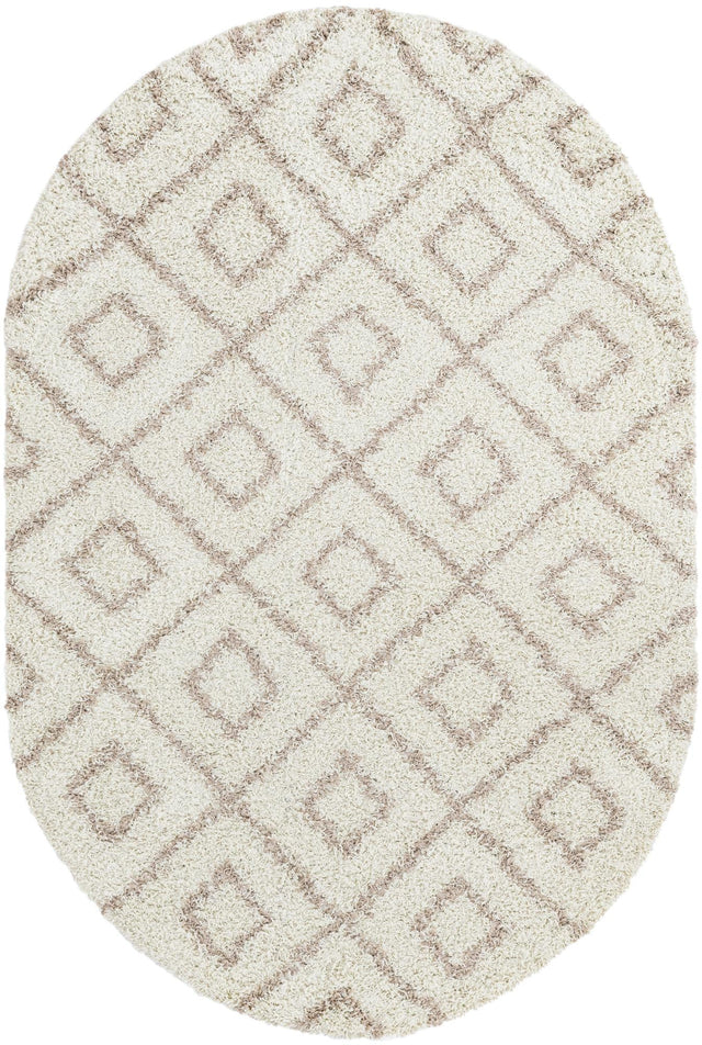 Beige 5' 3 x 8' Trellis Shag Oval Area Rug Thick Soft Touch Fluffy & Plush Shaggy Pile Geometric Modern Unique Carpet for Home Interior Design for Sale at Rug Engine