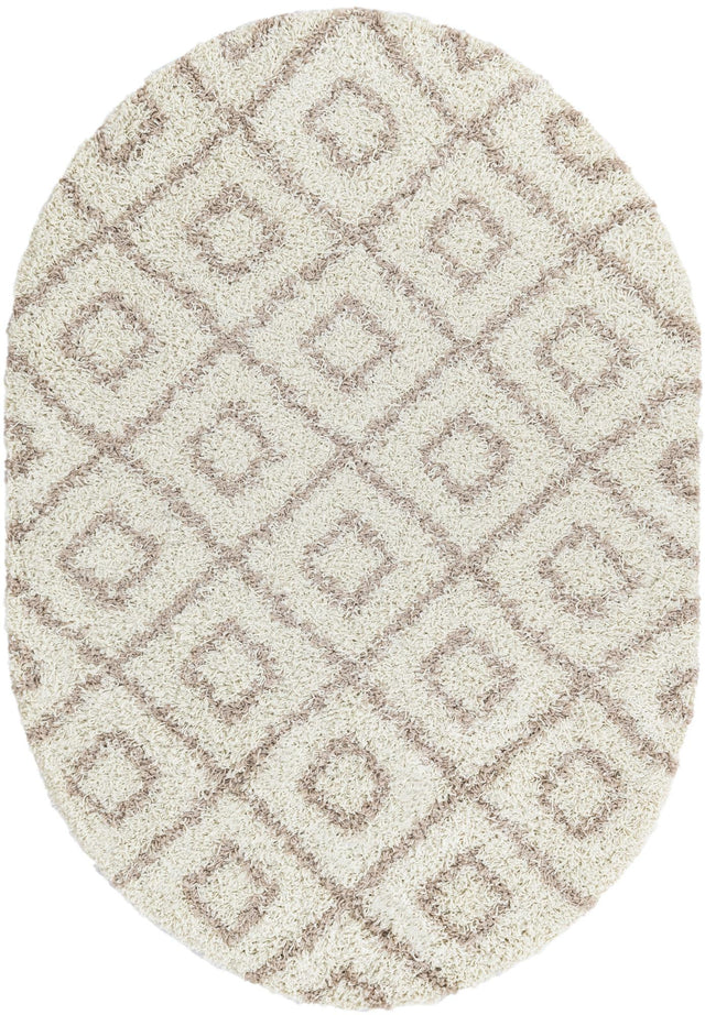 Beige 4' x 6' Trellis Shag Oval Area Rug Thick Soft Touch Fluffy & Plush Shaggy Pile Geometric Modern Unique Carpet for Home Interior Design for Sale at Rug Engine