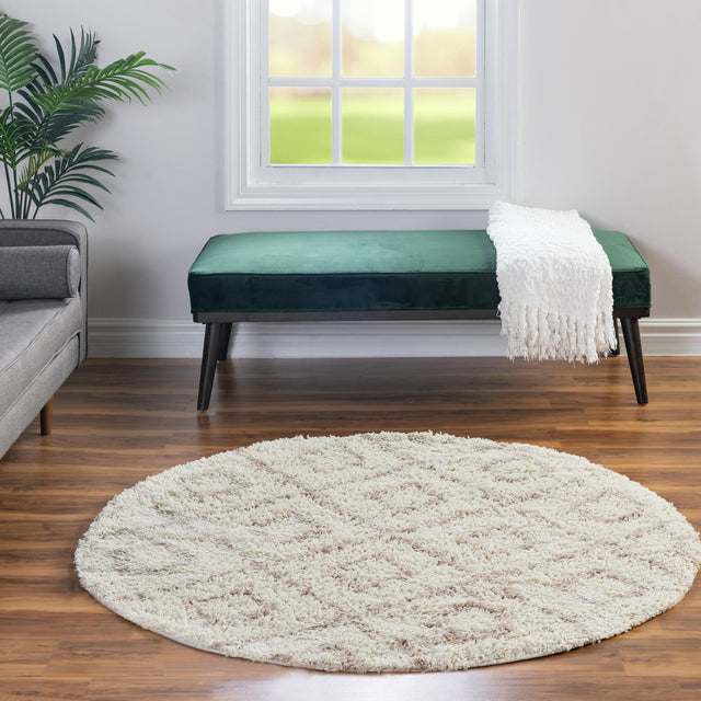Beige 6' x 6' Trellis Shag Round Area Rug Thick Soft Touch Fluffy & Plush Shaggy Pile Geometric Modern Unique Carpet for Home Interior Design for Sale at Rug Engine