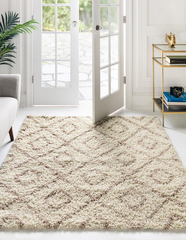 Beige 6' x 6' Trellis Shag Square Area Rug Thick Soft Touch Fluffy & Plush Shaggy Pile Geometric Modern Unique Carpet for Home Interior Design for Sale at Rug Engine
