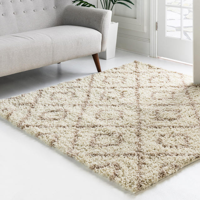 Beige 6' x 6' Trellis Shag Square Area Rug Thick Soft Touch Fluffy & Plush Shaggy Pile Geometric Modern Unique Carpet for Home Interior Design for Sale at Rug Engine
