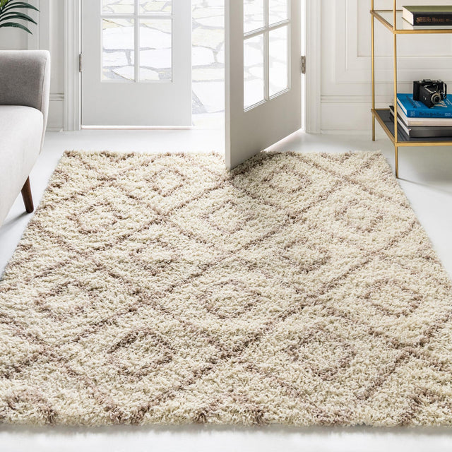 Beige 6' x 6' Trellis Shag Square Area Rug Thick Soft Touch Fluffy & Plush Shaggy Pile Geometric Modern Unique Carpet for Home Interior Design for Sale at Rug Engine