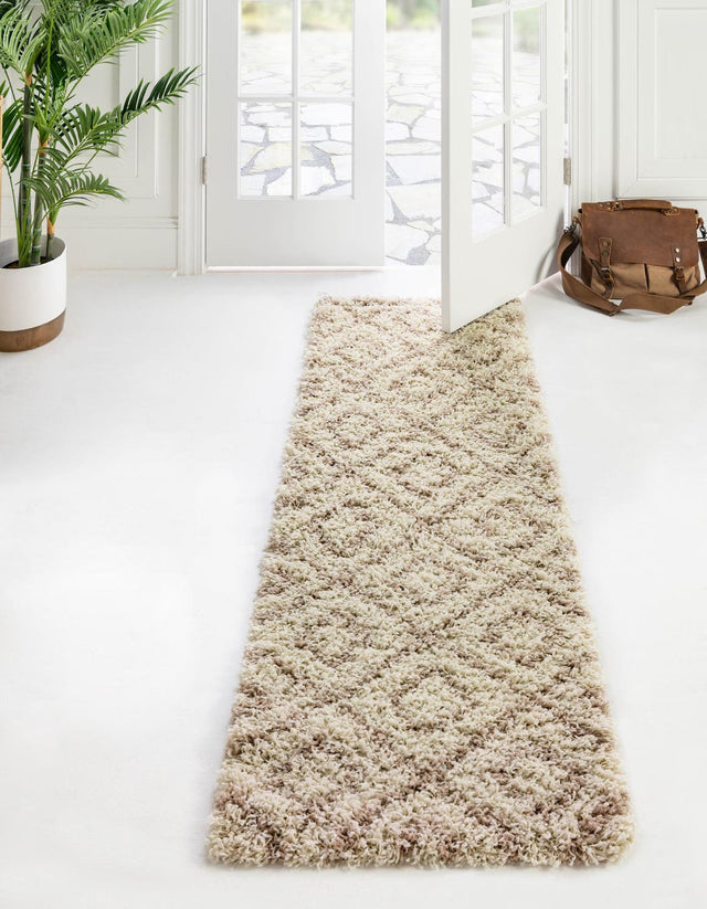 Beige 2' x 7' Trellis Shag Runner Area Rug Thick Soft Touch Fluffy & Plush Shaggy Pile Geometric Modern Unique Carpet for Home Interior Design for Sale at Rug Engine