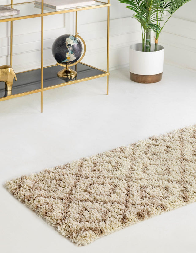 Beige 2' x 7' Trellis Shag Runner Area Rug Thick Soft Touch Fluffy & Plush Shaggy Pile Geometric Modern Unique Carpet for Home Interior Design for Sale at Rug Engine