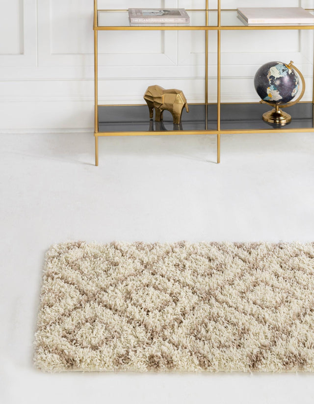 Beige 3' 3 x 16' 5 Trellis Shag Runner Area Rug Thick Soft Touch Fluffy & Plush Shaggy Pile Geometric Modern Unique Carpet for Home Interior Design for Sale at Rug Engine