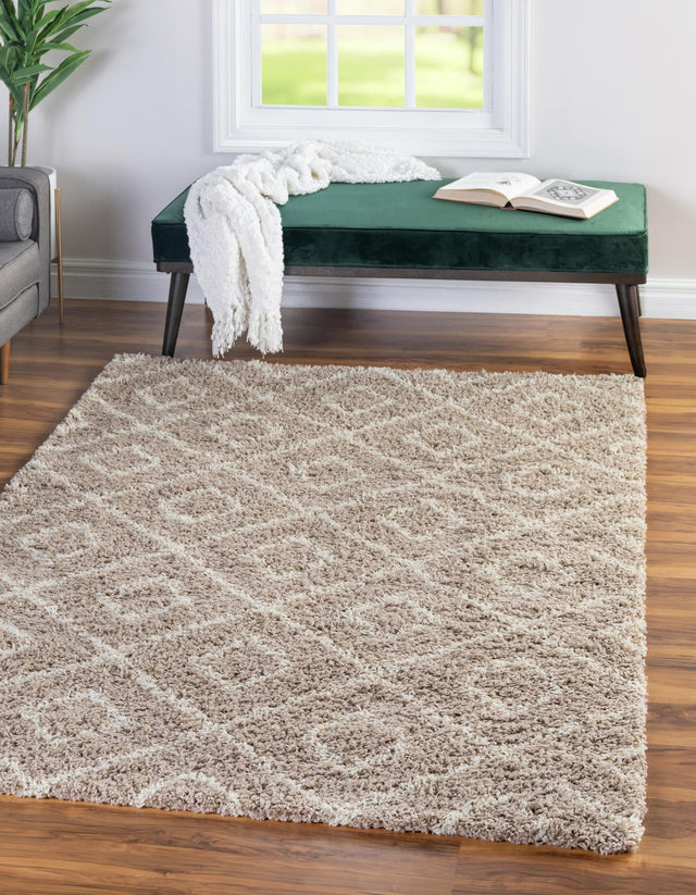 Light Brown 4' x 6' Trellis Shag Rectangle Area Rug Thick Soft Touch Fluffy & Plush Shaggy Pile Geometric Modern Unique Carpet for Home Interior Design for Sale at Rug Engine