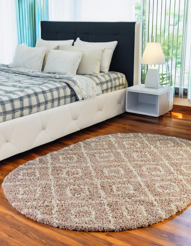 Light Brown 7' 10 x 10' Trellis Shag Oval Area Rug Thick Soft Touch Fluffy & Plush Shaggy Pile Geometric Modern Unique Carpet for Home Interior Design for Sale at Rug Engine