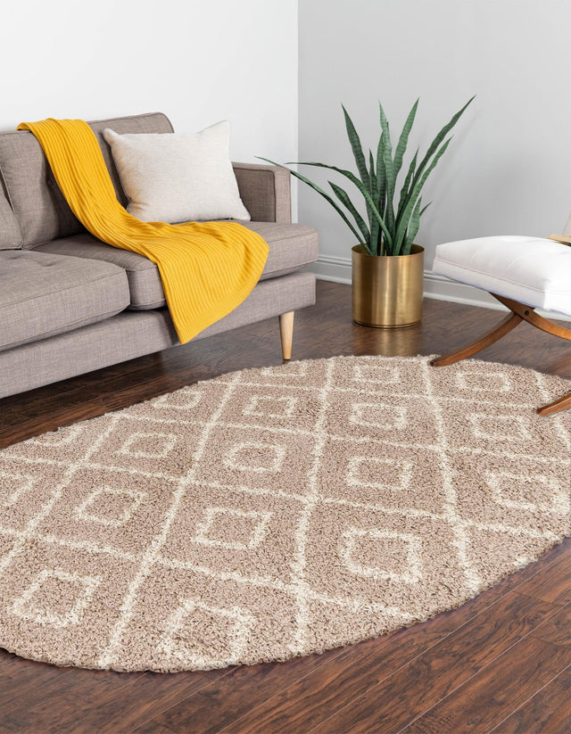 Light Brown 7' 10 x 10' Trellis Shag Oval Area Rug Thick Soft Touch Fluffy & Plush Shaggy Pile Geometric Modern Unique Carpet for Home Interior Design for Sale at Rug Engine