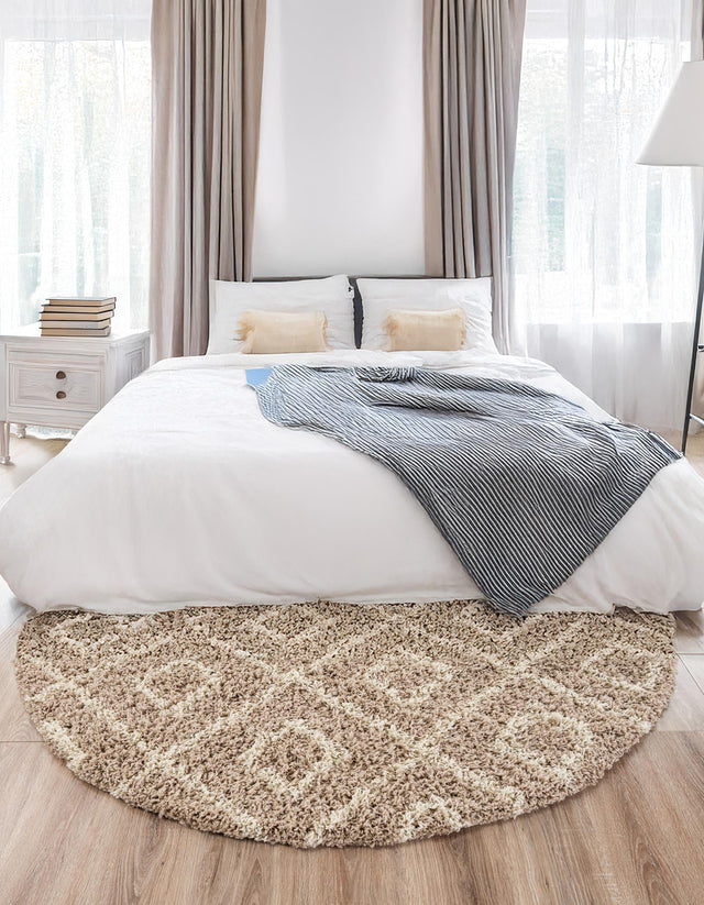 Light Brown 6' x 6' Trellis Shag Round Area Rug Thick Soft Touch Fluffy & Plush Shaggy Pile Geometric Modern Unique Carpet for Home Interior Design for Sale at Rug Engine