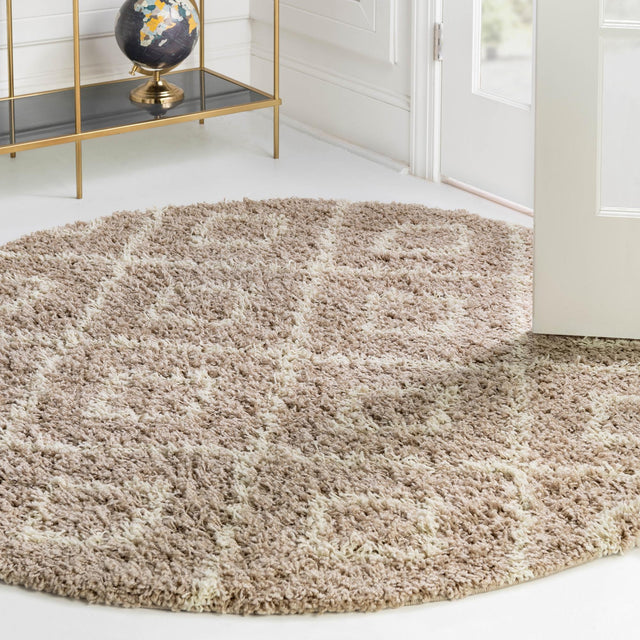 Light Brown 7' 10 x 7' 10 Trellis Shag Round Area Rug Thick Soft Touch Fluffy & Plush Shaggy Pile Geometric Modern Unique Carpet for Home Interior Design for Sale at Rug Engine