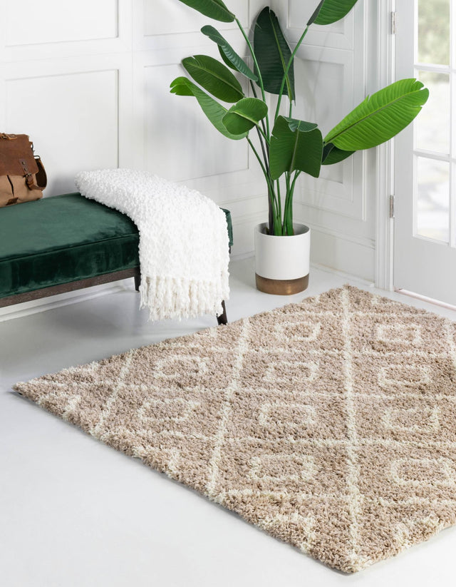 Light Brown 10' x 10' Trellis Shag Square Area Rug Thick Soft Touch Fluffy & Plush Shaggy Pile Geometric Modern Unique Carpet for Home Interior Design for Sale at Rug Engine