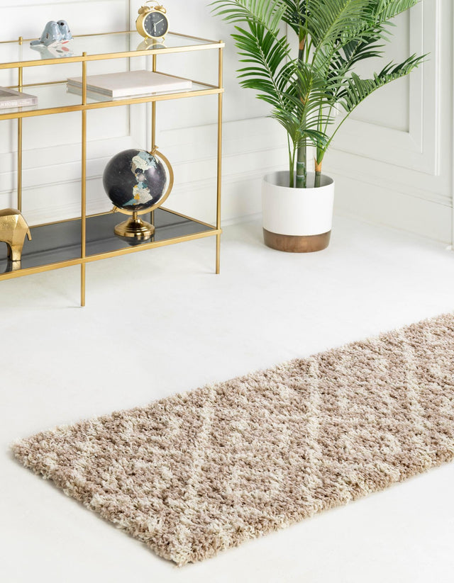 Light Brown 2' x 7' Trellis Shag Runner Area Rug Thick Soft Touch Fluffy & Plush Shaggy Pile Geometric Modern Unique Carpet for Home Interior Design for Sale at Rug Engine