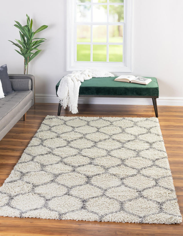 Ivory 10' 8 x 14' Trellis Shag Rectangle Area Rug Thick Soft Touch Fluffy & Plush Shaggy Pile Geometric Modern Unique Carpet for Home Interior Design for Sale at Rug Engine
