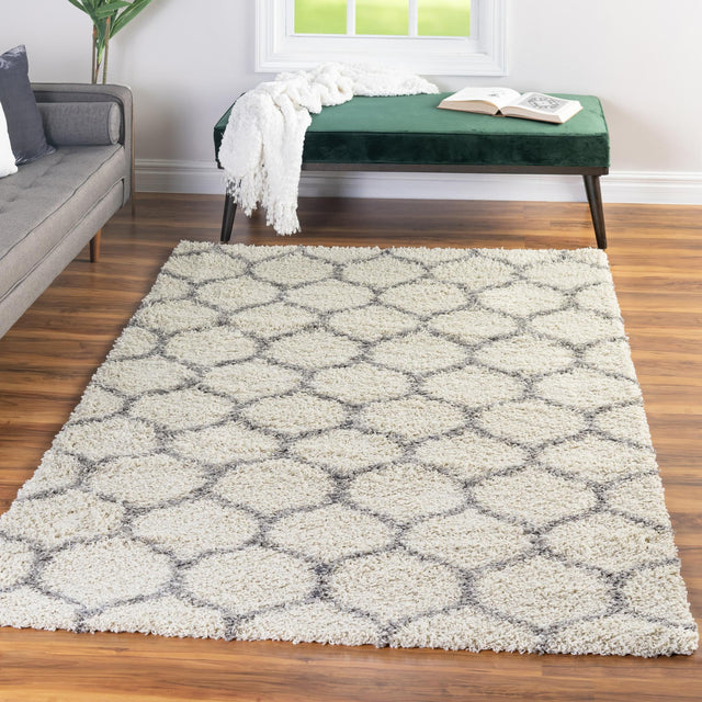 Ivory 10' 8 x 14' Trellis Shag Rectangle Area Rug Thick Soft Touch Fluffy & Plush Shaggy Pile Geometric Modern Unique Carpet for Home Interior Design for Sale at Rug Engine